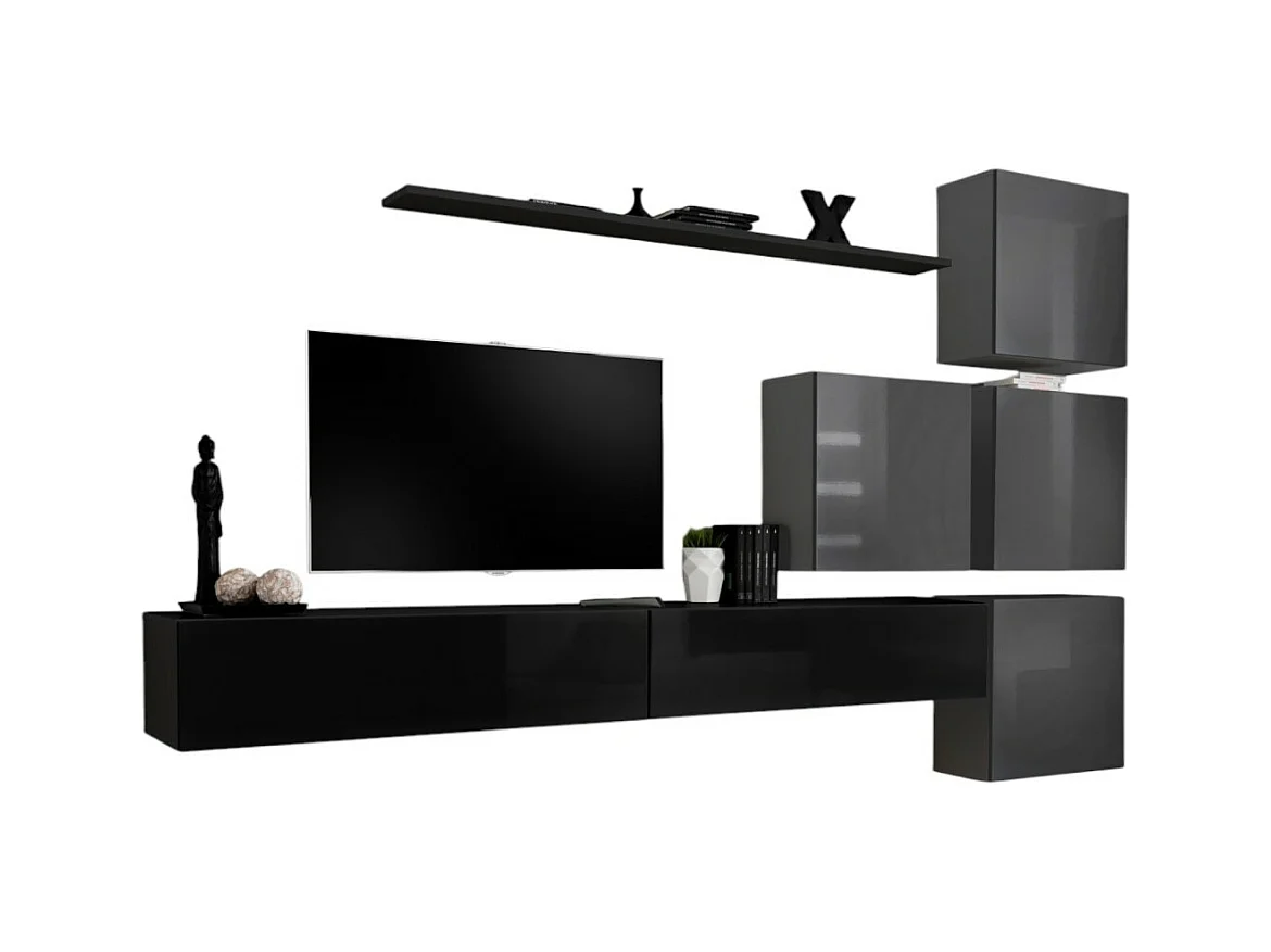 Conjunto de móveis de parede para sala de estar SWITCH IX design, cor preta e cinza brilhante.