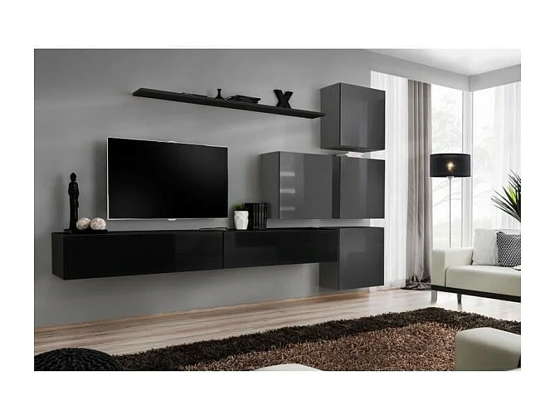Ensemble meuble salon mural SWITCH IX design, coloris noir et gris brillant.