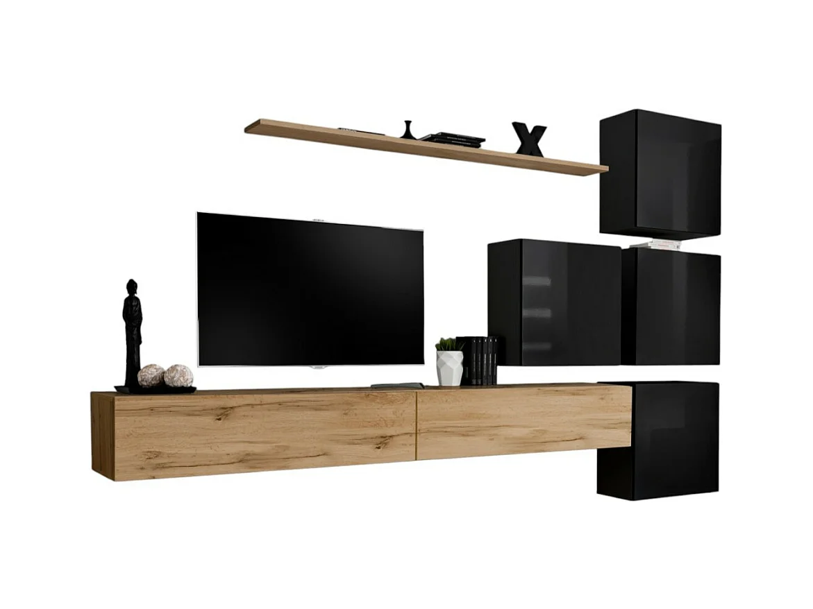 Conjunto de móveis de parede para sala de estar SWITCH IX design, cor carvalho Wotan e preto brilhante.