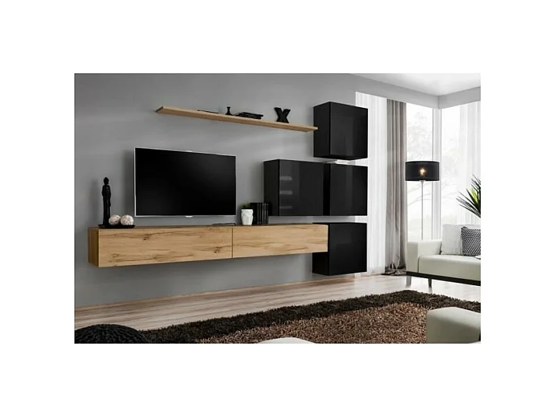 Conjunto de móveis de parede para sala de estar SWITCH IX design, cor carvalho Wotan e preto brilhante.