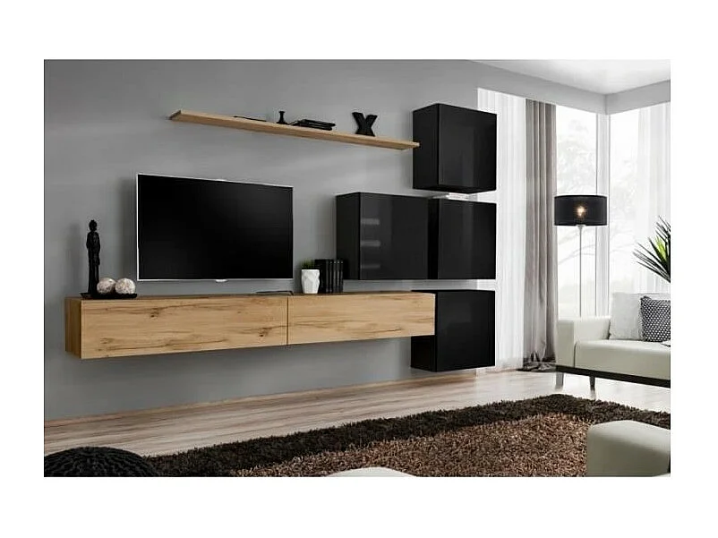 Wandmeubelset voor de woonkamer SWITCH IX design, in Wotan eiken en glanzend zwart.
