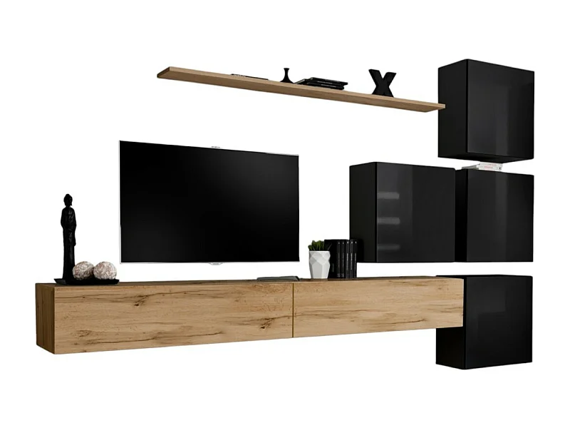 Wandmeubelset voor de woonkamer SWITCH IX design, in Wotan eiken en glanzend zwart.