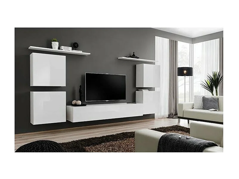 Ensemble meuble salon SWITCH IV design, coloris blanc brillant.