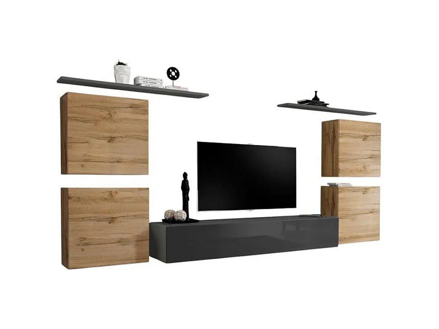 Ensemble meuble salon SWITCH IV design, coloris gris brillant et chêne Wotan.