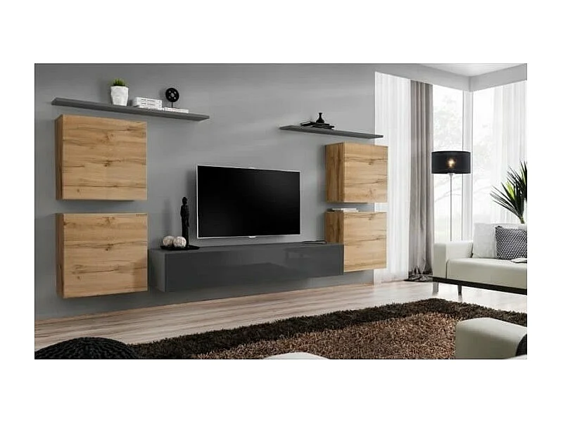 Ensemble meuble salon SWITCH IV design, coloris gris brillant et chêne Wotan.