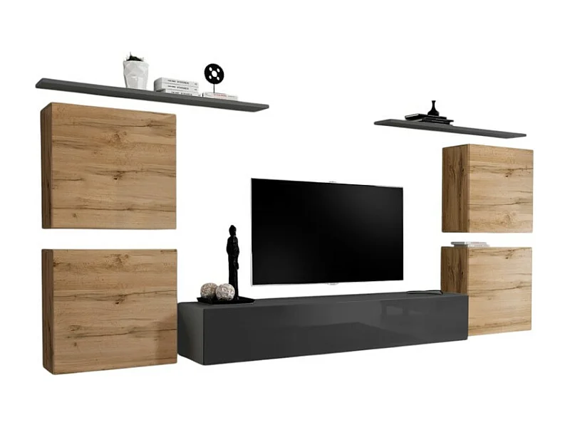 Ensemble meuble salon SWITCH IV design, coloris gris brillant et chêne Wotan.