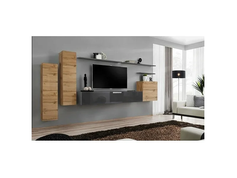 Set di mobili da salotto SWITCH I design, colore grigio lucido e quercia Wotan.