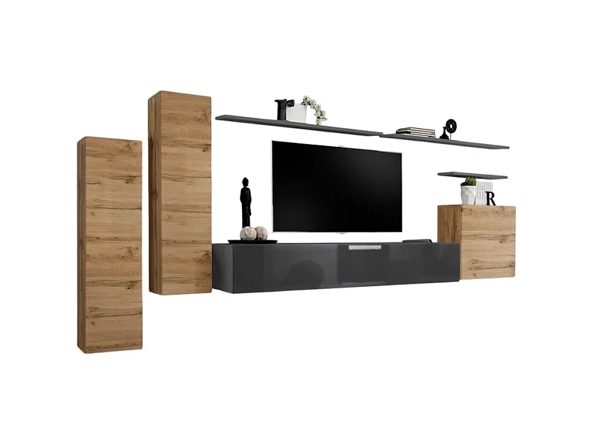 Ensemble meuble salon SWITCH I design, coloris gris brillant et chêne Wotan.