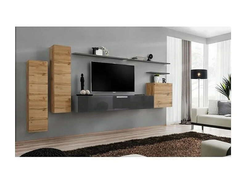 Set di mobili da salotto SWITCH I design, colore grigio lucido e quercia Wotan.