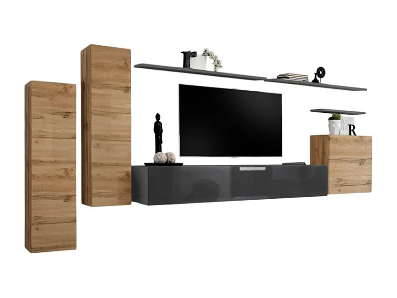 Woonkamerset SWITCH I design, in glanzend grijs en Wotan eiken kleur.