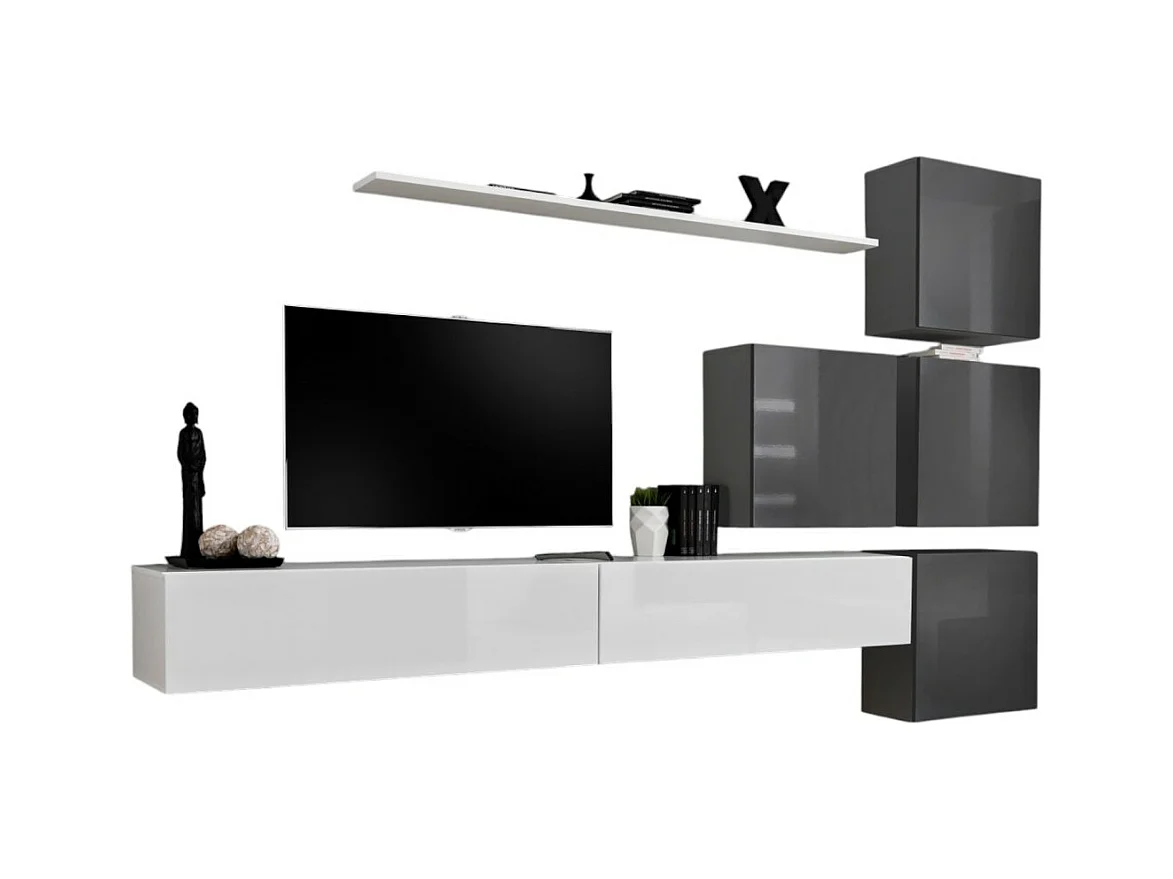 Wandmeubelset voor woonkamer SWITCH IX design, in glanzend wit en grijs.
