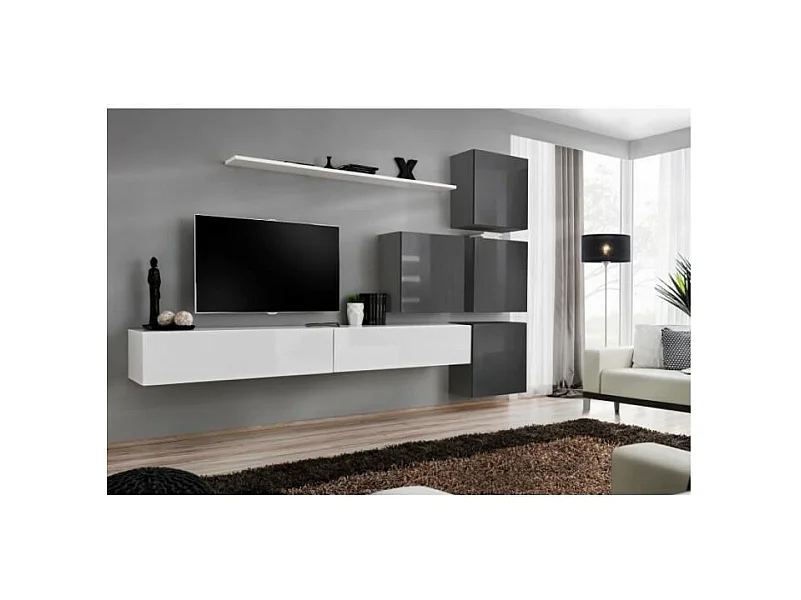 Wandmeubelset voor woonkamer SWITCH IX design, in glanzend wit en grijs.