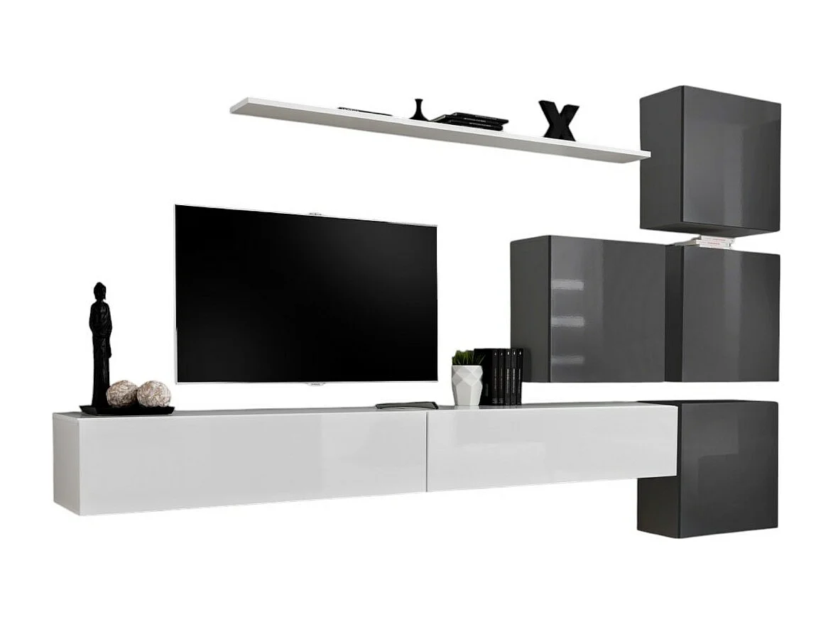 Wandmeubelset voor woonkamer SWITCH IX design, in glanzend wit en grijs.