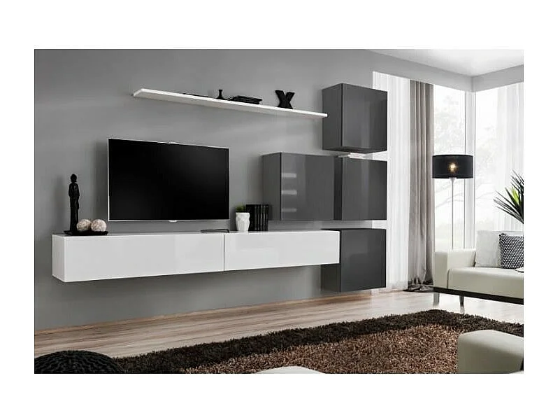 Wandmeubelset voor woonkamer SWITCH IX design, in glanzend wit en grijs.