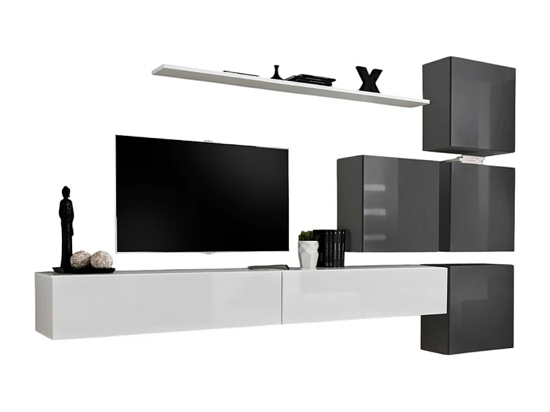 Wandmeubelset voor woonkamer SWITCH IX design, in glanzend wit en grijs.