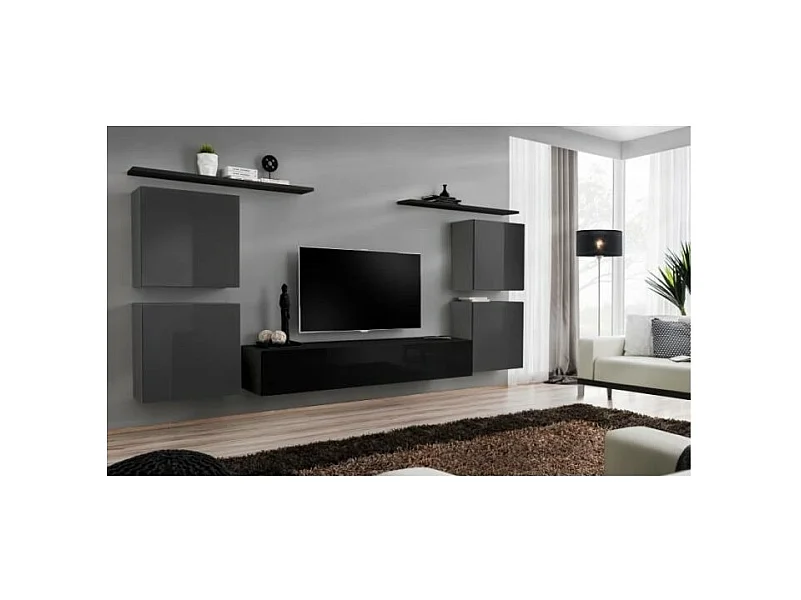 Wohnzimmermöbel-Set SWITCH IV im Design, Farben Schwarz und glänzendes Grau.