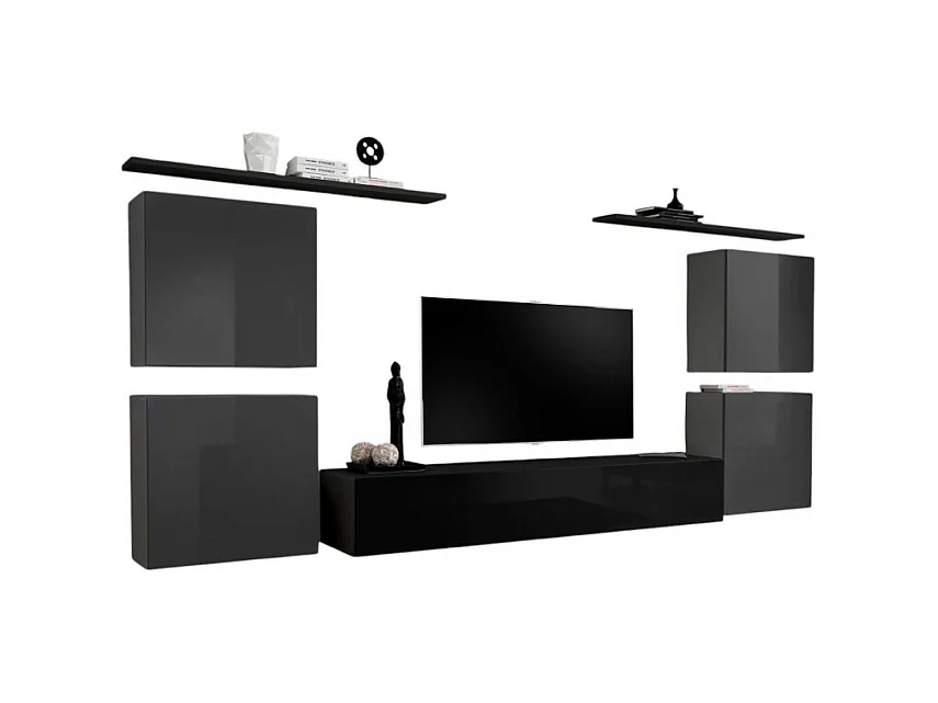 Ensemble meuble salon SWITCH IV design, coloris noir et gris brillant.