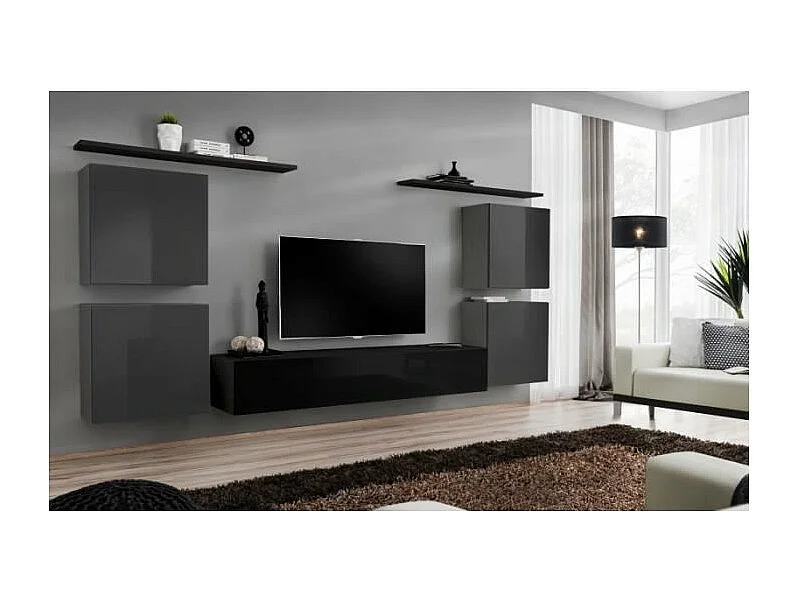 Ensemble meuble salon SWITCH IV design, coloris noir et gris brillant.