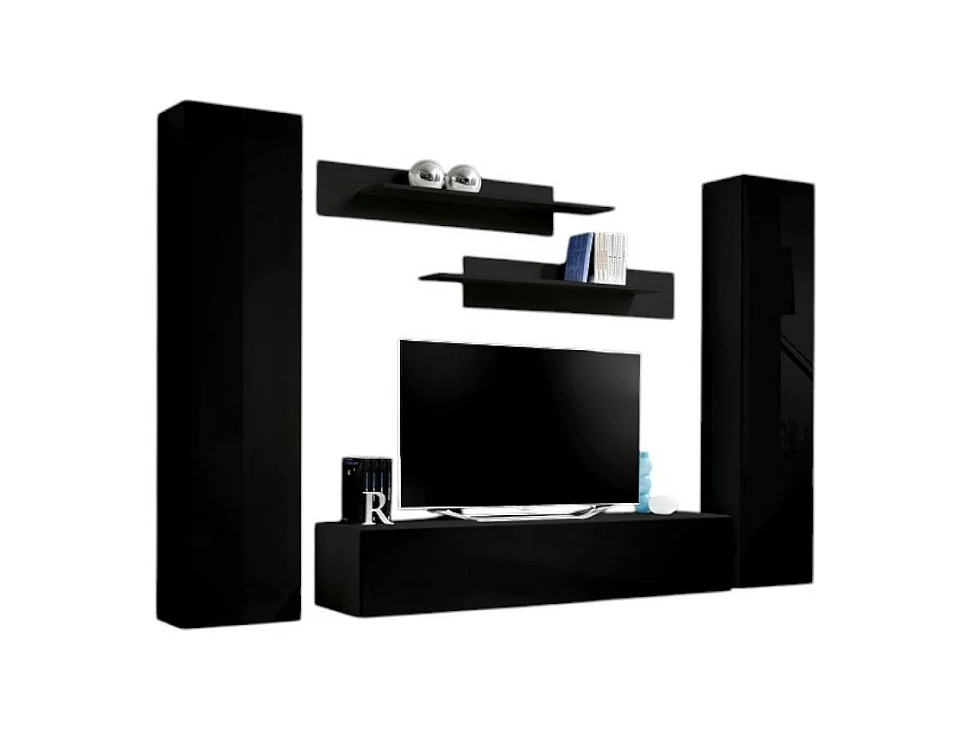 Mobile TV FLY A1 design, colore nero lucido. Mobile sospeso moderno e alla moda per il tuo soggiorno.