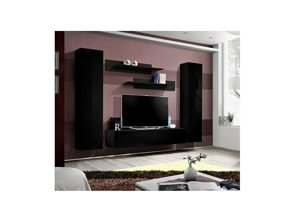 Mobile TV FLY A1 design, colore nero lucido. Mobile sospeso moderno e alla moda per il tuo soggiorno.