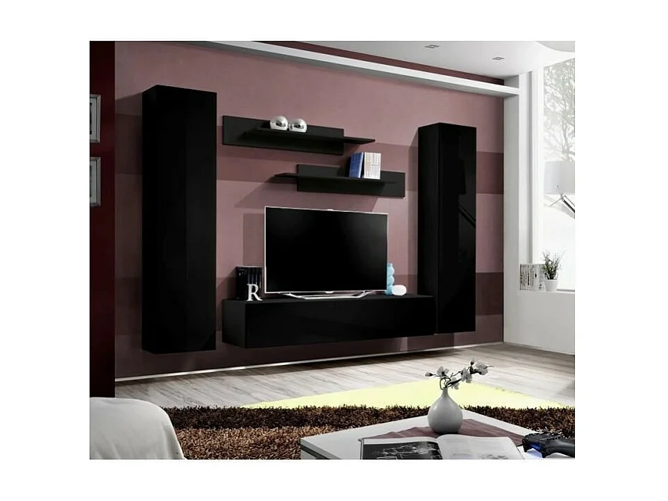 Meuble TV FLY A1 design, coloris noir brillant. Meuble suspendu moderne et tendance pour votre salon.