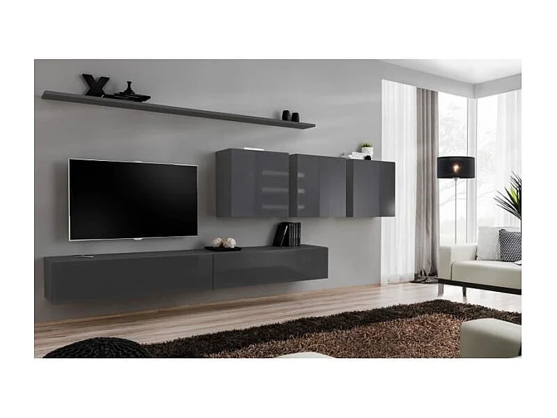 Ensemble meuble salon mural SWITCH VII design, coloris gris brillant.