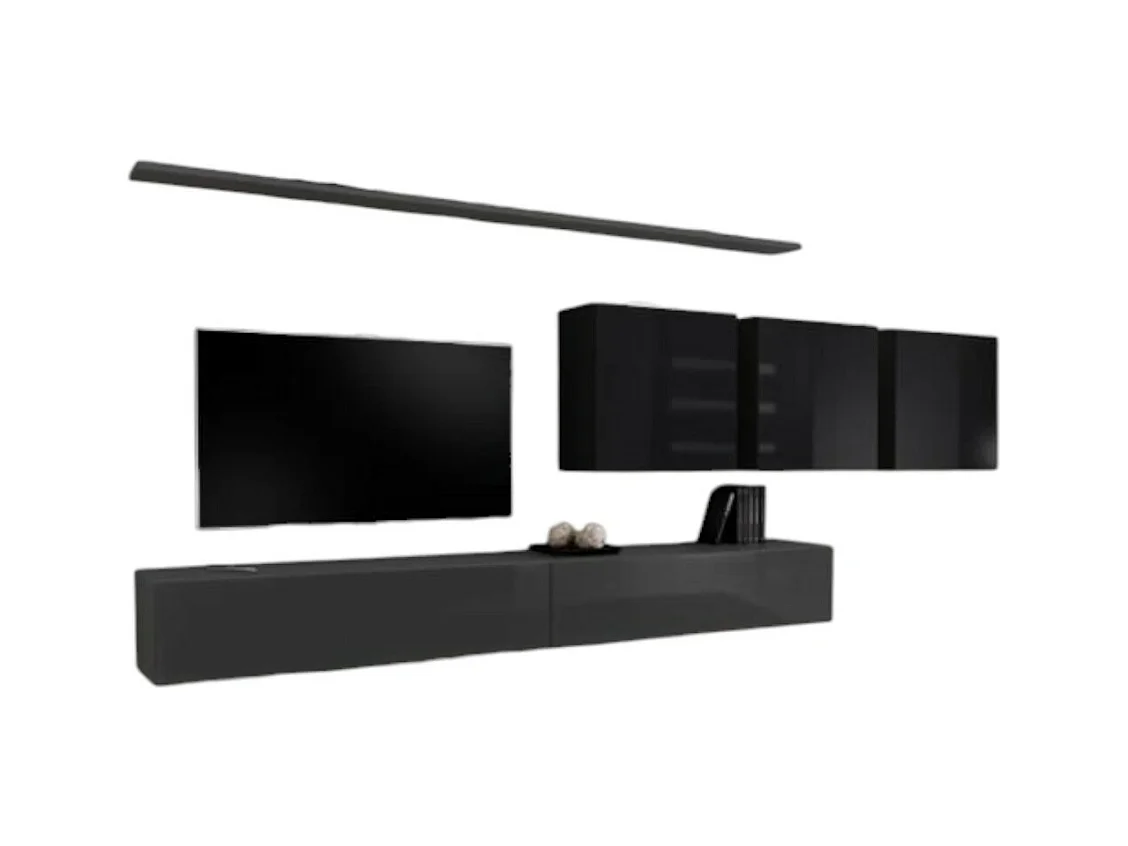 Ensemble meuble salon SWITCH VII – Gris & Noir brillant – Design moderne – 340 cm