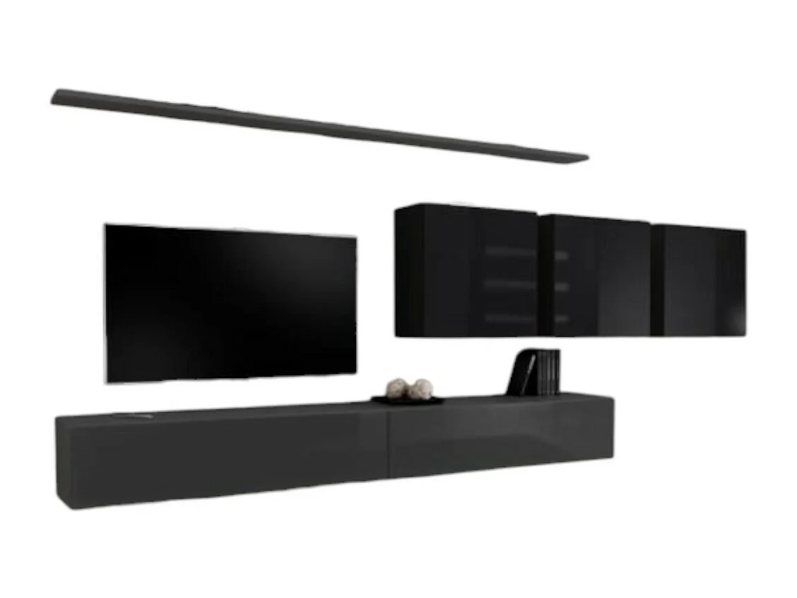 Ensemble meuble salon SWITCH VII – Gris & Noir brillant – Design moderne – 340 cm