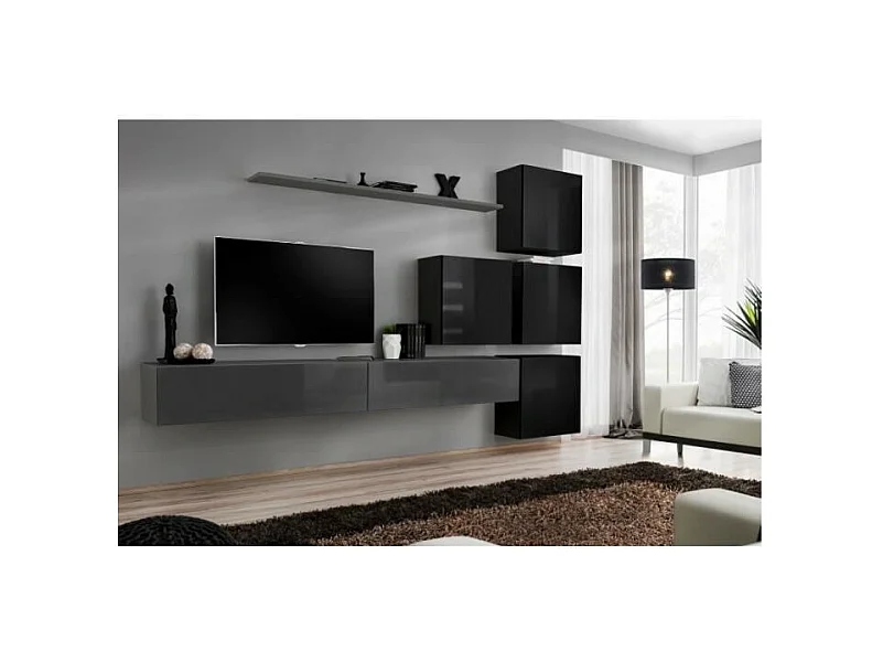 Set di mobili da parete per salotto SWITCH IX design, colori grigio e nero lucido.