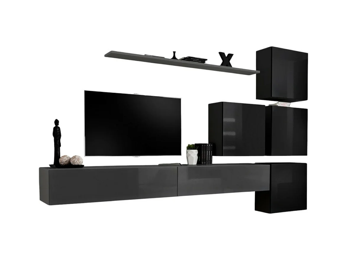 Ensemble meuble salon mural SWITCH IX design, coloris gris et noir brillant.