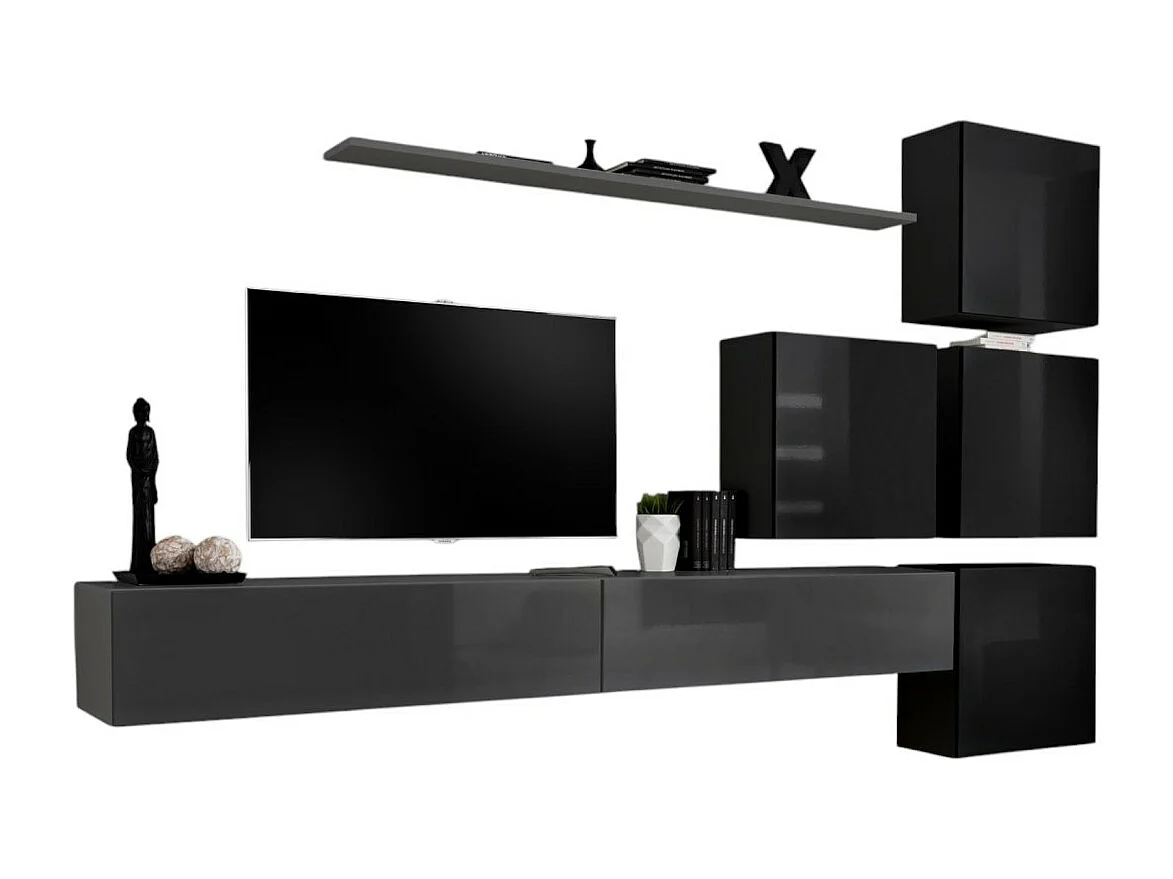 Ensemble meuble salon mural SWITCH IX design, coloris gris et noir brillant.