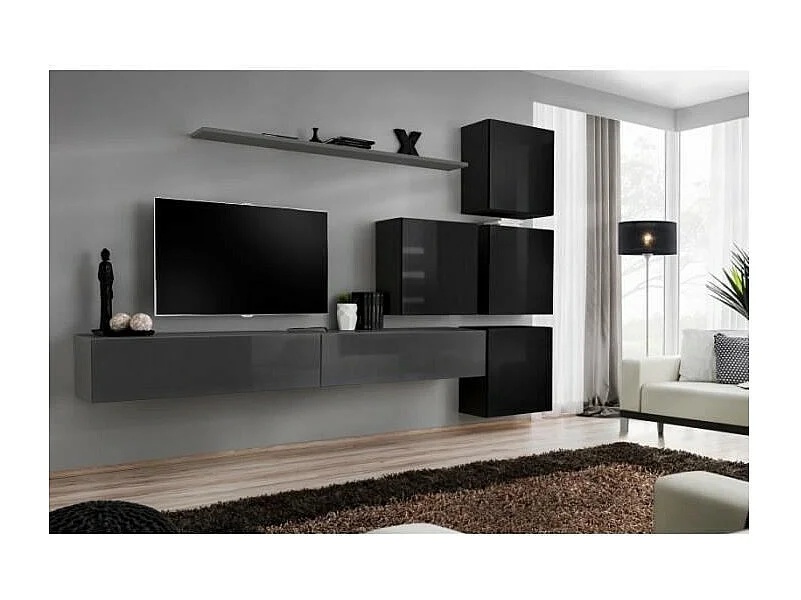 Ensemble meuble salon mural SWITCH IX design, coloris gris et noir brillant.