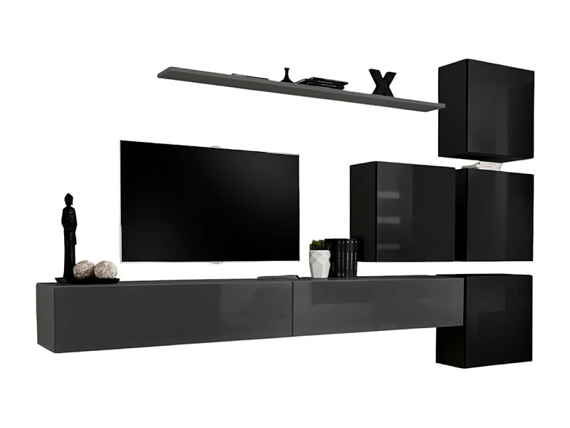 Ensemble meuble salon mural SWITCH IX design, coloris gris et noir brillant.