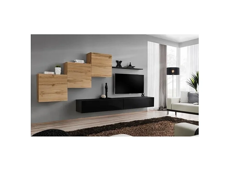 Conjunto de móveis para sala de estar SWITCH X, design de parede, nas cores preto brilhante e carvalho Wotan.