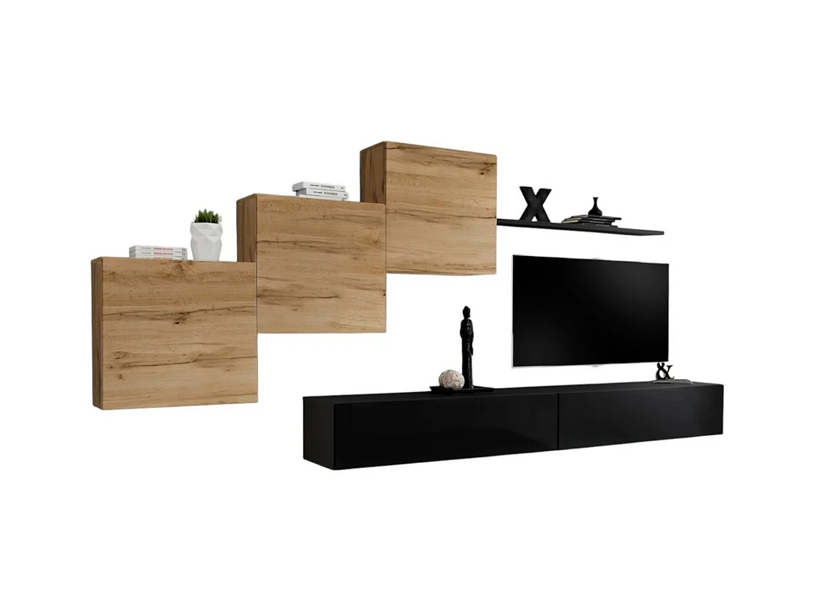 Ensemble meuble salon mural SWITCH X design, coloris noir brillant et chêne Wotan.
