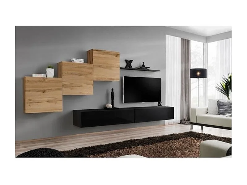 Wandmeubelset voor de woonkamer SWITCH X design, in glanzend zwart en Wotan eiken kleur.