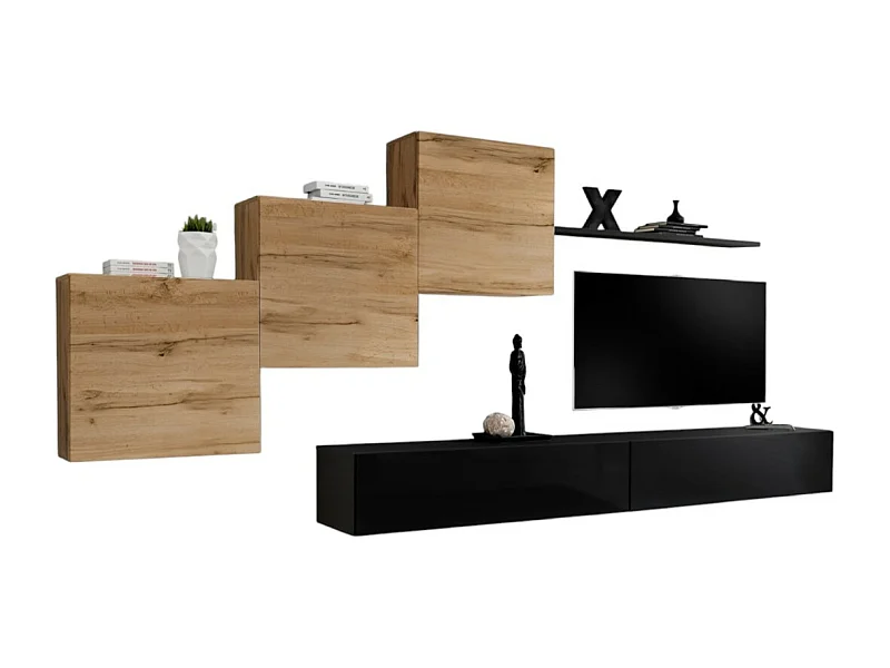 Wandmeubelset voor de woonkamer SWITCH X design, in glanzend zwart en Wotan eiken kleur.