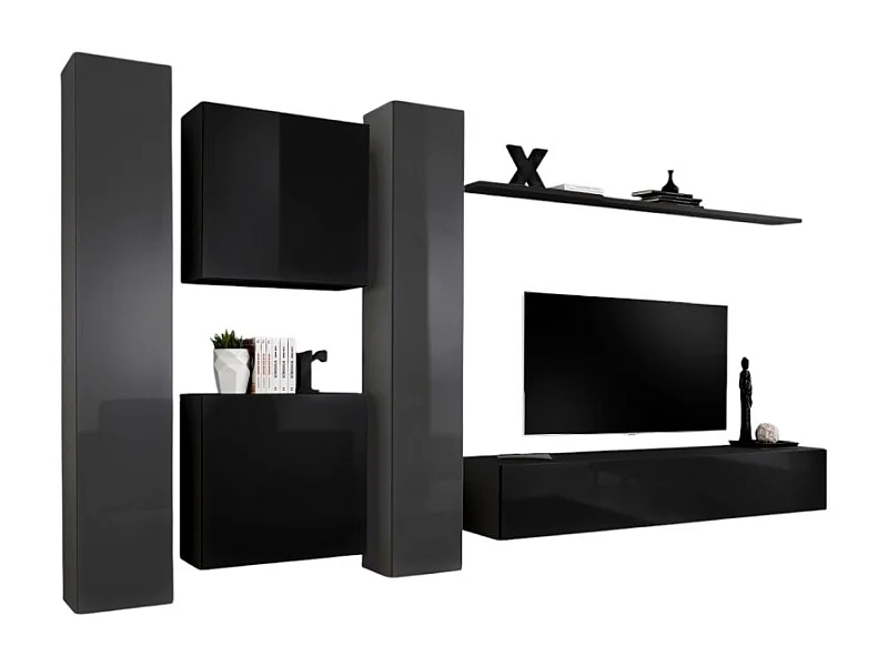 Conjunto de móveis para sala de estar SWITCH VI, design mural, nas cores preto e cinza brilhante.