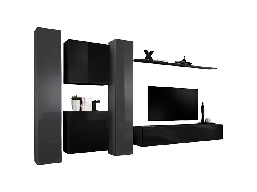 Wandmeubelset voor de woonkamer SWITCH VI design, in glanzend zwart en grijs.