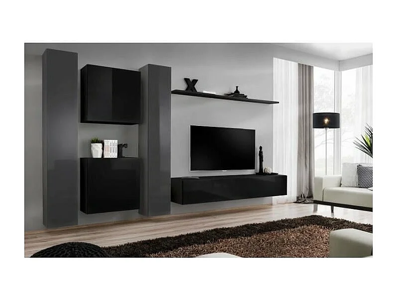 Ensemble meuble salon mural SWITCH VI design, coloris noir et gris brillant.
