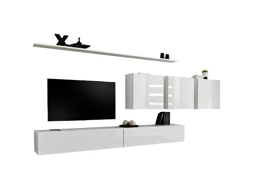 Ensemble meuble salon mural SWITCH VII design, coloris blanc brillant.