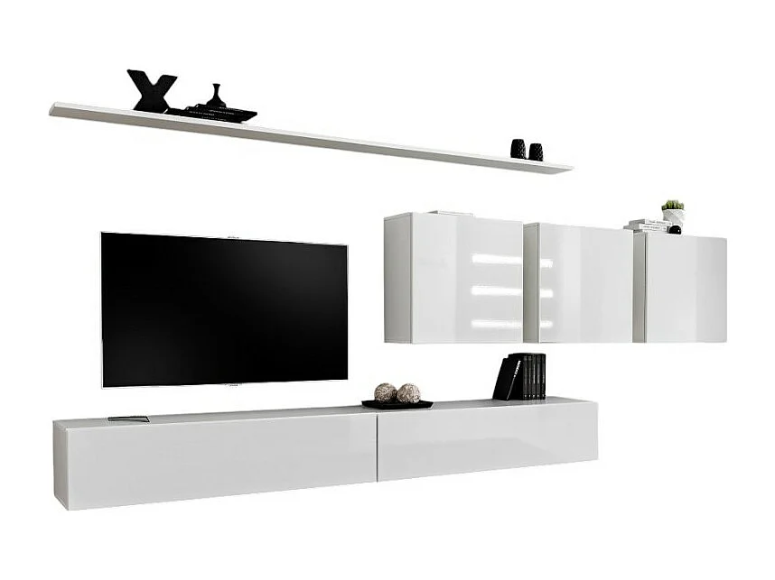 Ensemble meuble salon mural SWITCH VII design, coloris blanc brillant.