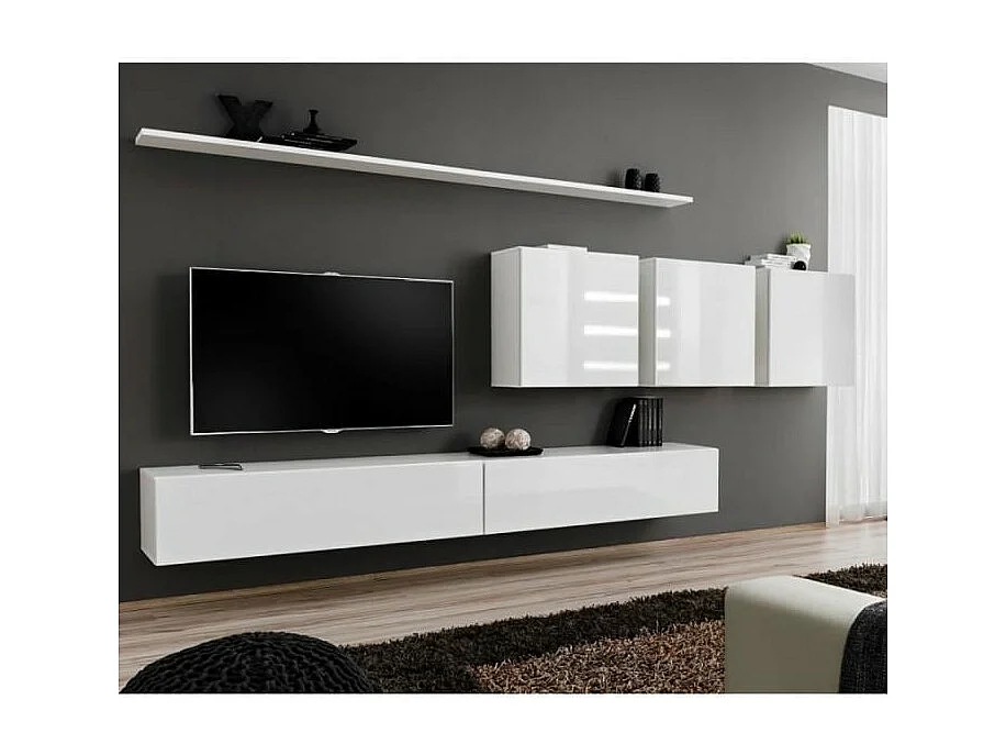 Ensemble meuble salon mural SWITCH VII design, coloris blanc brillant.
