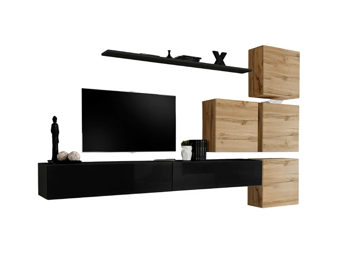 Conjunto de móveis de parede para sala de estar SWITCH IX design, cor preto brilhante e carvalho Wotan.