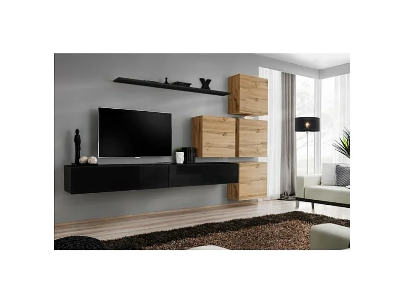Conjunto de móveis de parede para sala de estar SWITCH IX design, cor preto brilhante e carvalho Wotan.
