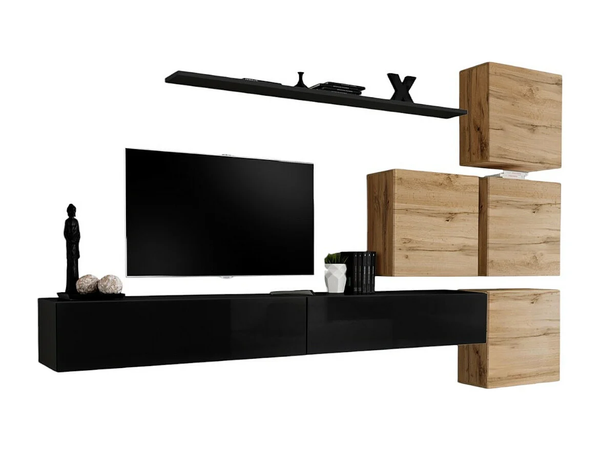 Ensemble meuble salon mural SWITCH IX design, coloris noir brillant et chêne Wotan.