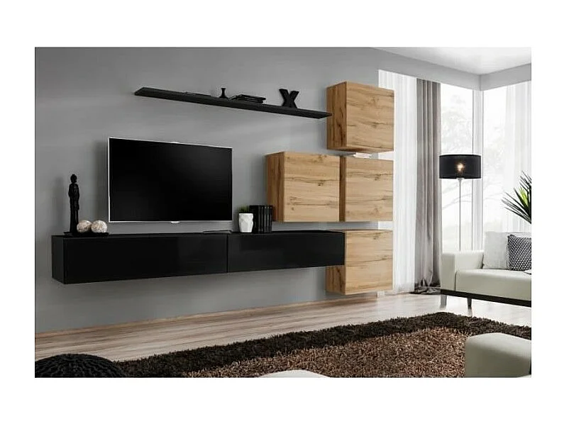 Ensemble meuble salon mural SWITCH IX design, coloris noir brillant et chêne Wotan.