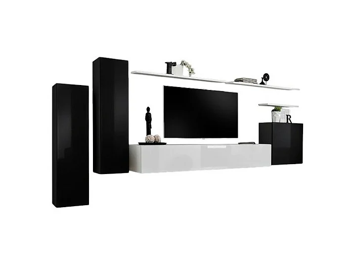 Set di mobili da soggiorno SWITCH I – Design moderno – Nero e bianco lucido – Mobile TV e contenitori sospesi