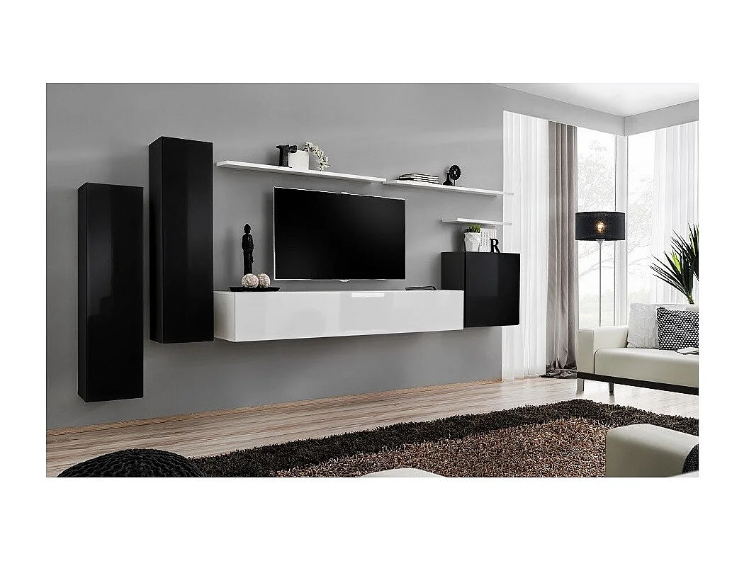 Woonkamerset SWITCH I - Modern ontwerp - Hoogglans zwart en wit - Tv-meubel en hangende opbergruimtes