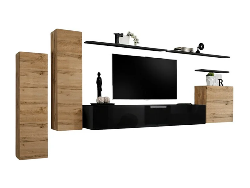 Conjunto de móveis para sala SWITCH I design, cor carvalho Wotan e preto brilhante.